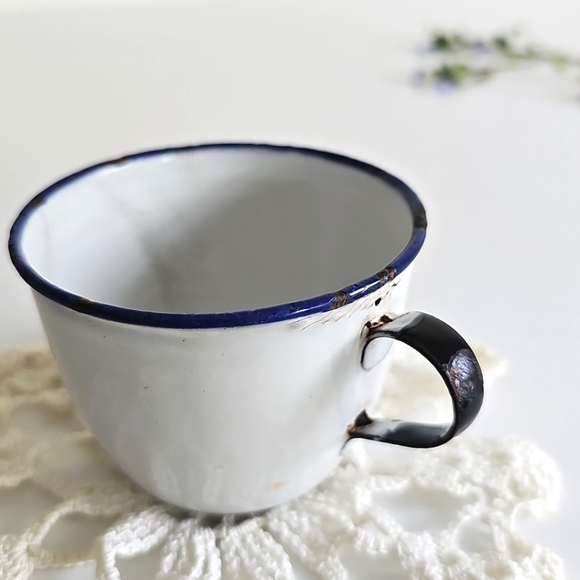 Antique K.E.R. Sweden White Enamelware Cup Blue White Trim Coffee Small Teacup - Picture 12 of 16